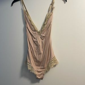 Olivaceous Tan and Lace Cross Back Strap Bodysuit